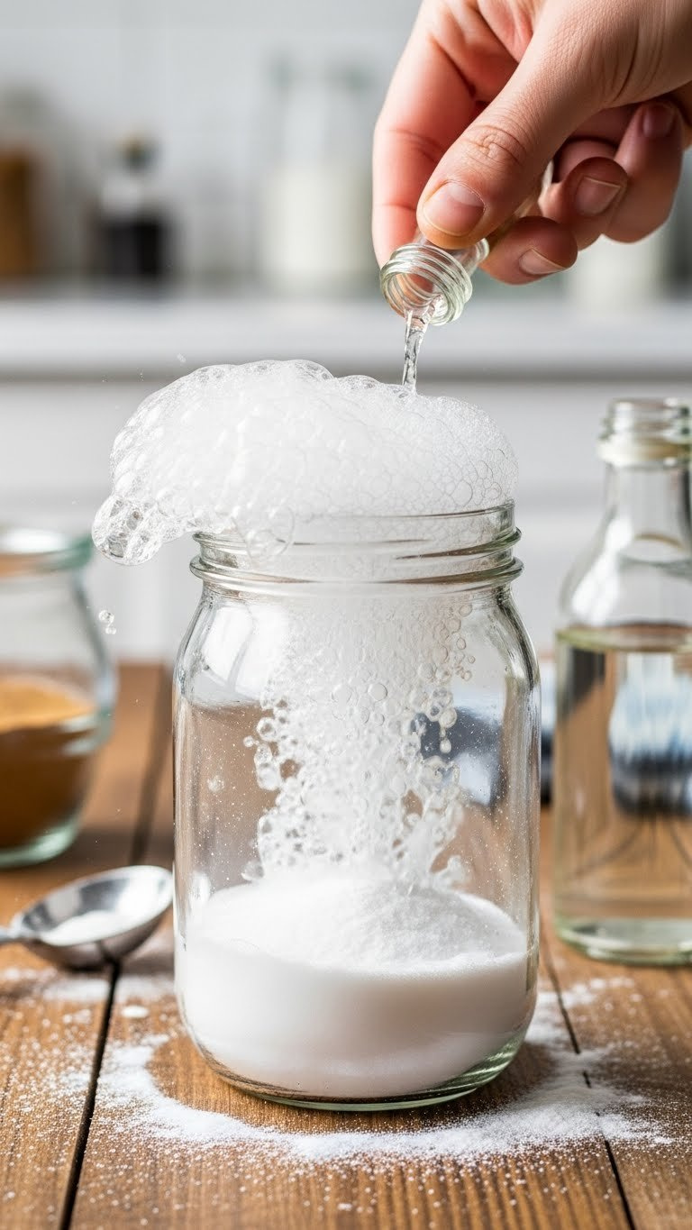 Clear Jar With Fizzing White Vinegar And Baking Soda, Demonstrating Leavening Reaction, On Rustic Wood. Baking Ingredients.