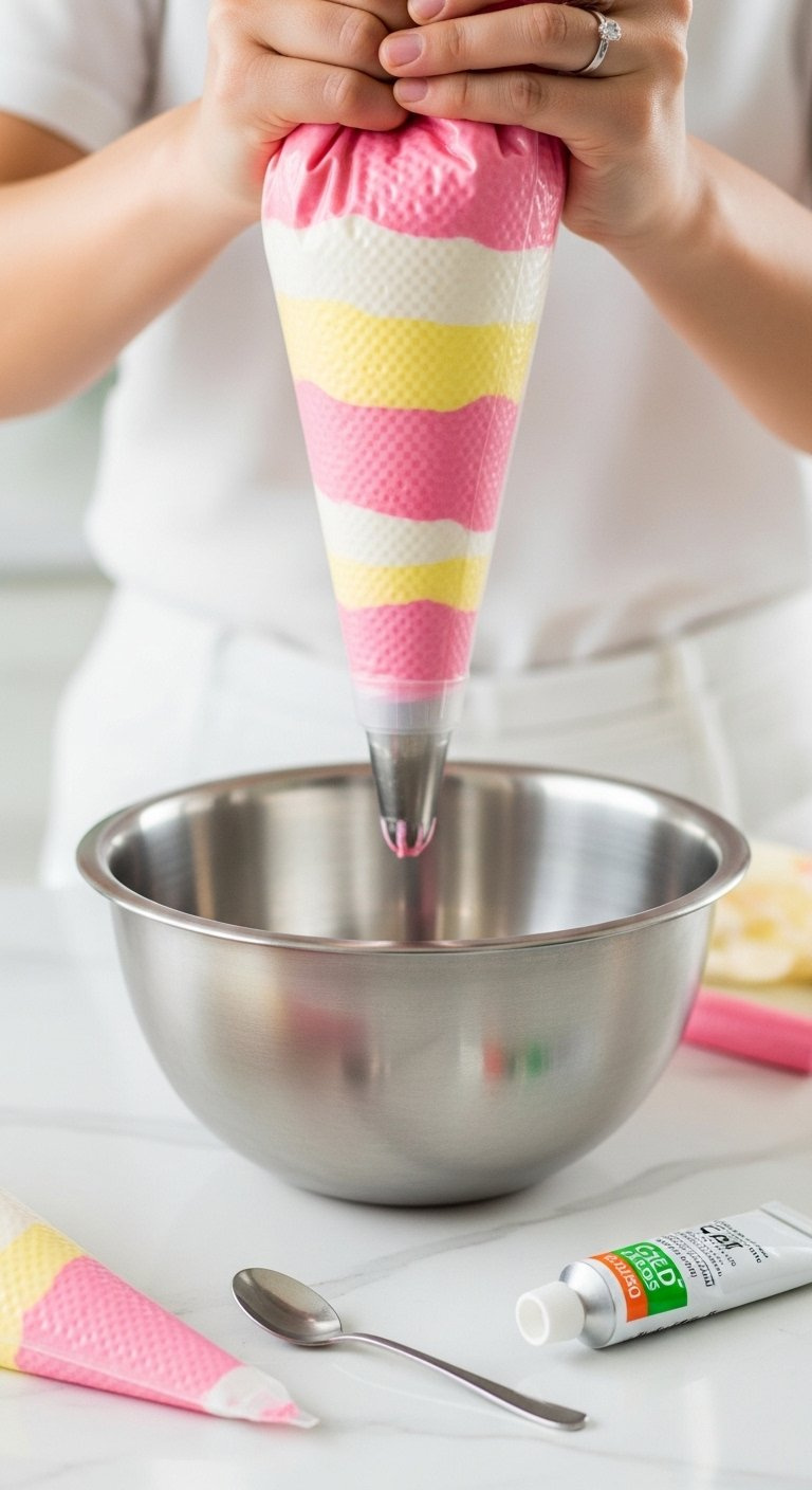 Clear Piping Bag Filled With Pink Yellow And White Buttercream Sections For Tri-Color Piping.