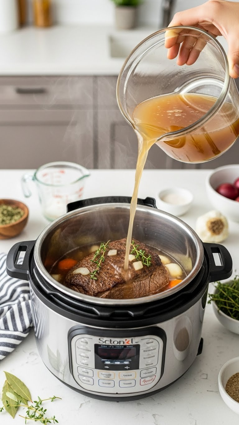 Clear Savory Beef Broth Pours Into An Instant Pot Containing A Seared Chuck Roast, Fresh Onions, And Garlic.