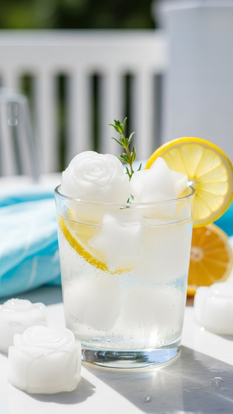 Clear Shaped Ice Cubes In Geometric Patterns Floating In Sparkling Water Glass With Citrus Slice And Condensation