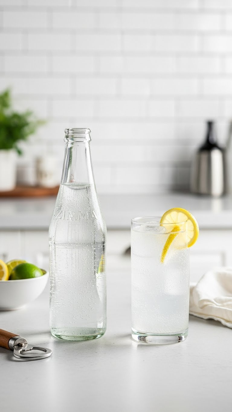 Clear Sparkling Zima-Inspired Cocktail In Tall Glass Bottle With Lemon Twist On Minimalist Bar.