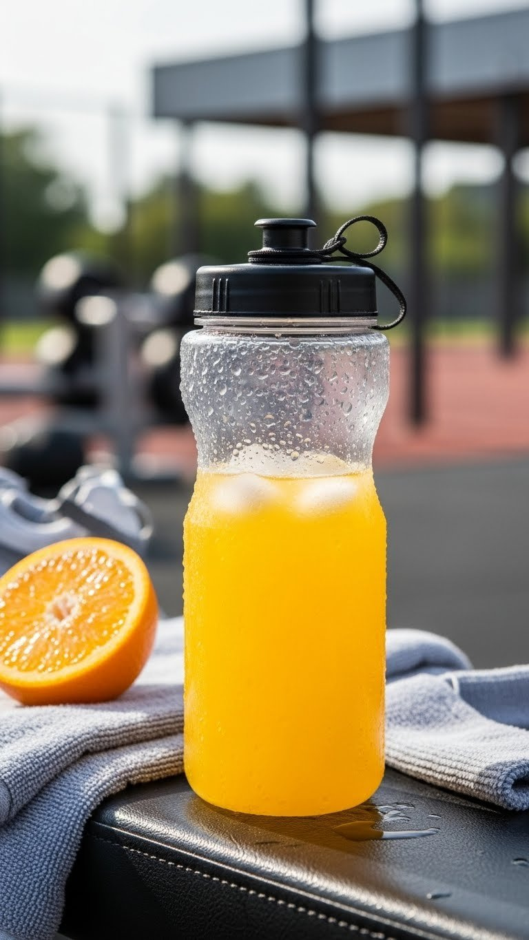 Clear Sports Bottle Filled With Bright Orange Electrolyte Drink With Condensation And Ice Cubes On Gym Bench