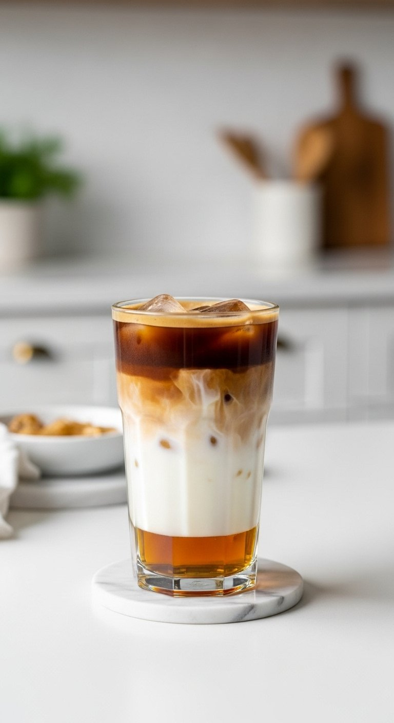 Clear Tall Glass Showcasing Distinct Layers Of Vanilla Syrup, Milk, And Espresso With Ice Cubes On A White Table.