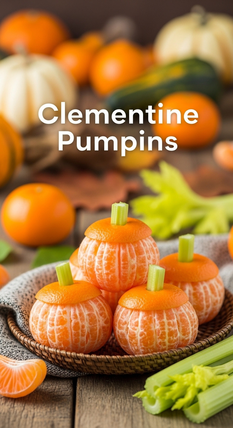 Clementine Pumpkins With Celery Stick Stems In A Rustic Woven Basket For Cozy And Healthy Halloween Fruit Treats