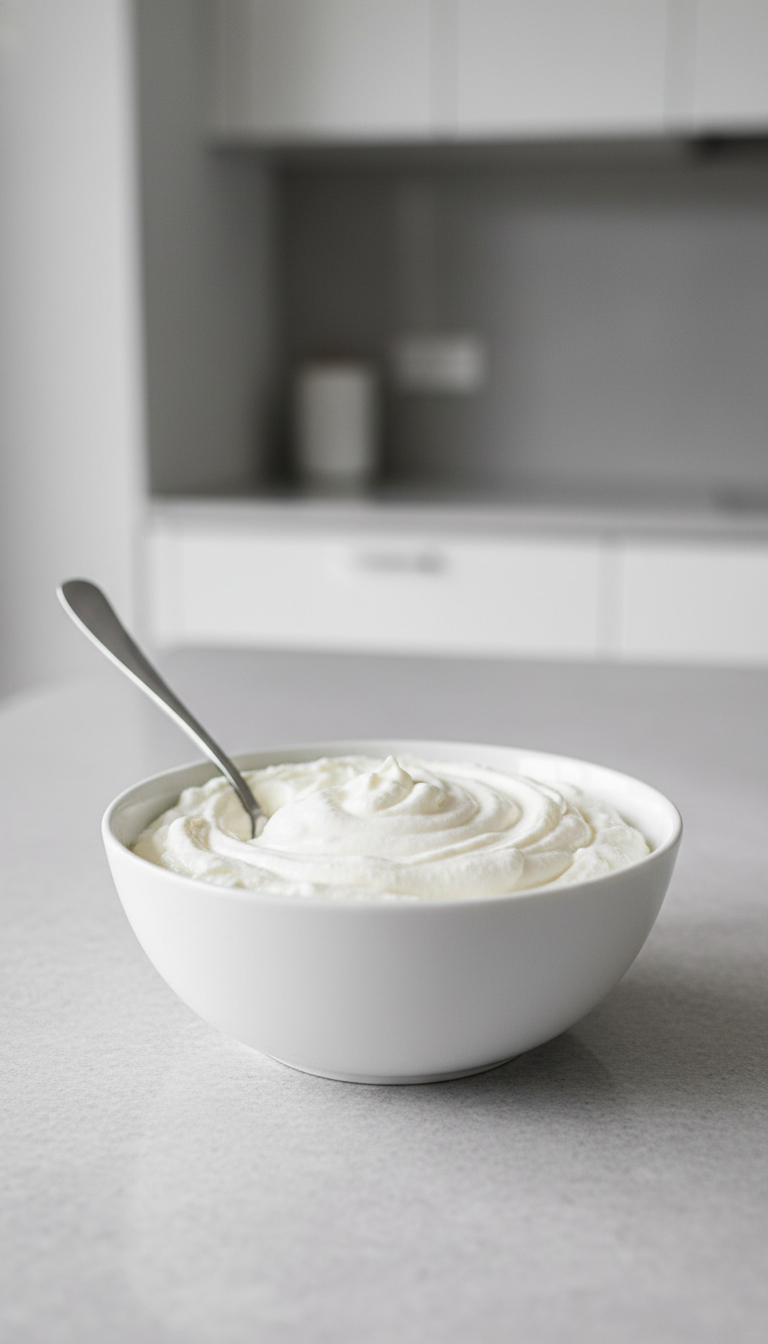Close‑Up Of A White Ceramic Bowl Of Whipped Cottage Cheese, With A Silver Spoon Swirling The Top On A Light Gray Stone.