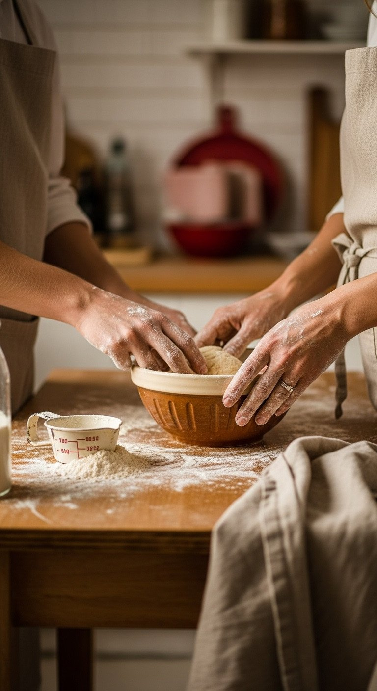 Close-Up: Couple's Flour-Dusted Hands With Ring Mixing Dough In Rustic Bowl On Wooden Counter. Cozy Home Baking, Warm Natural Light.