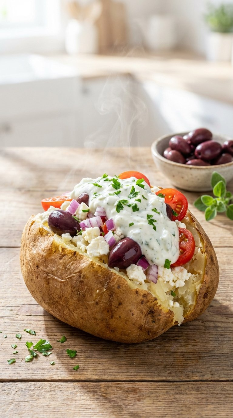 Close-Up Mediterranean Baked Potato With Feta Cheese, Olives, Red Onion, Tomatoes And Tzatziki Sauce On Rustic Wooden Table