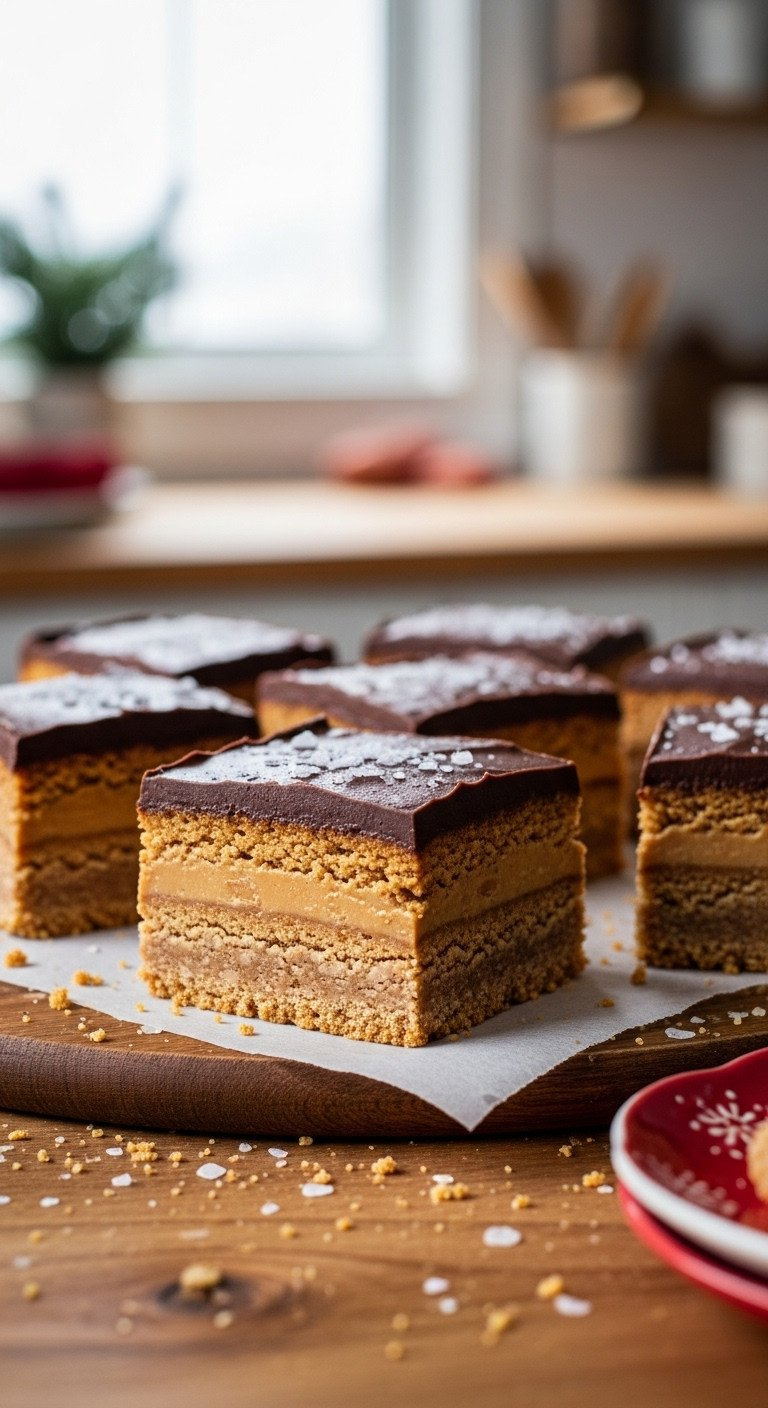 Close-Up: Ultimate Chocolate Peanut Butter Bars With Peanut Butter Base, Dark Chocolate Ganache, Sea Salt, On A Rustic Wooden Table.