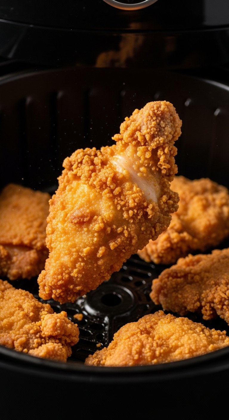 Close-Up Action Shot Of Golden-Brown Crispy Chicken Pieces Being Flipped In Air Fryer Basket.