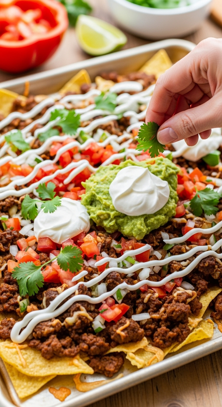 Close-Up Angled Shot Of Vibrant Loaded Beef Nachos Topped With Red Tomatoes, Green Cilantro, Guacamole, And White Sour Cream, With A Hand Adding The Final Garnish For A Festive, Party-Ready Presentation