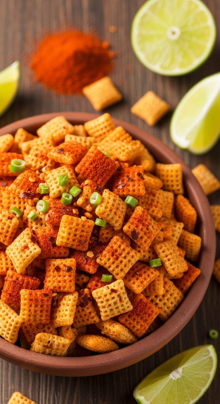Close-Up Bold Chili Lime Fiesta Chex Mix, Corn Chips, Chili Flakes, Lime Slices In Terracotta Bowl. Zesty Fall Snack.