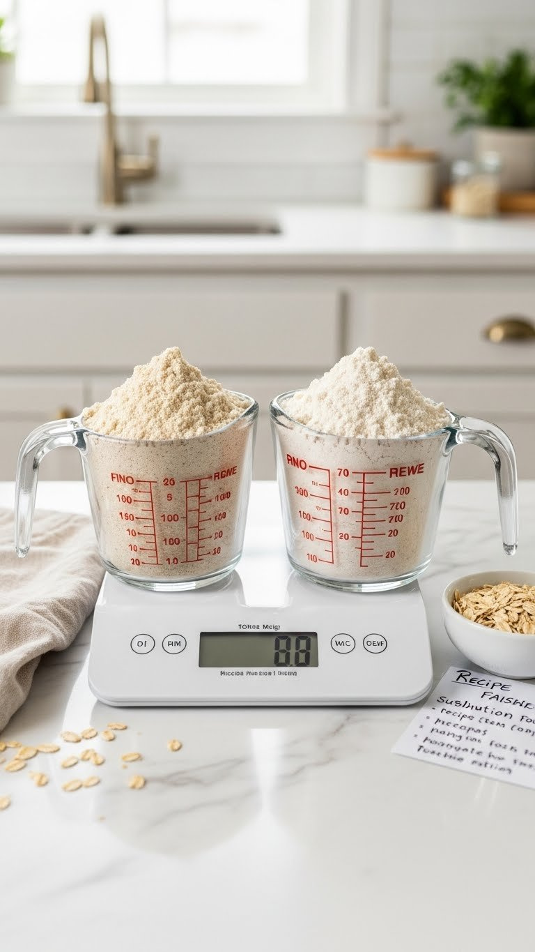 Close-Up Comparison Of Oat Flour And All-Purpose Flour In Measuring Cups With Kitchen Scale On Marble Countertop