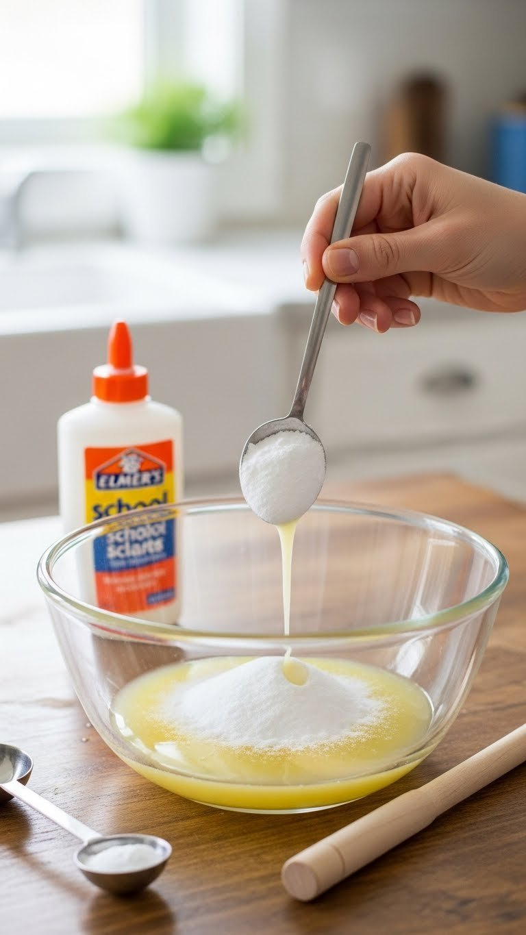 Close-Up Eye-Level View Of White Glue And Baking Soda Mixture In Glass Bowl On Rustic Wooden Table Before Mixing