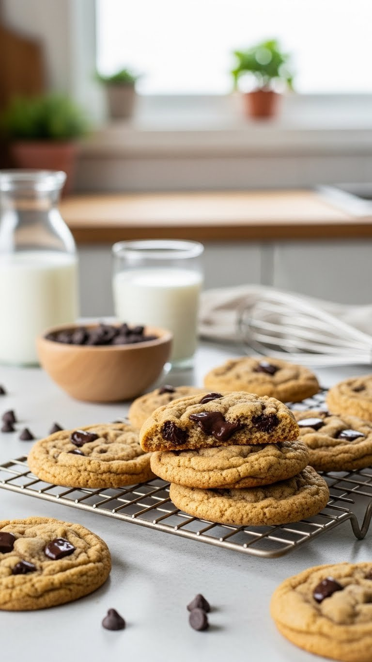 Close-Up Golden Brown Chocolate Chip Cookies With Melted Dark Chocolate Chunks Resting On Wooden Cooling Rack In Soft Natural Light