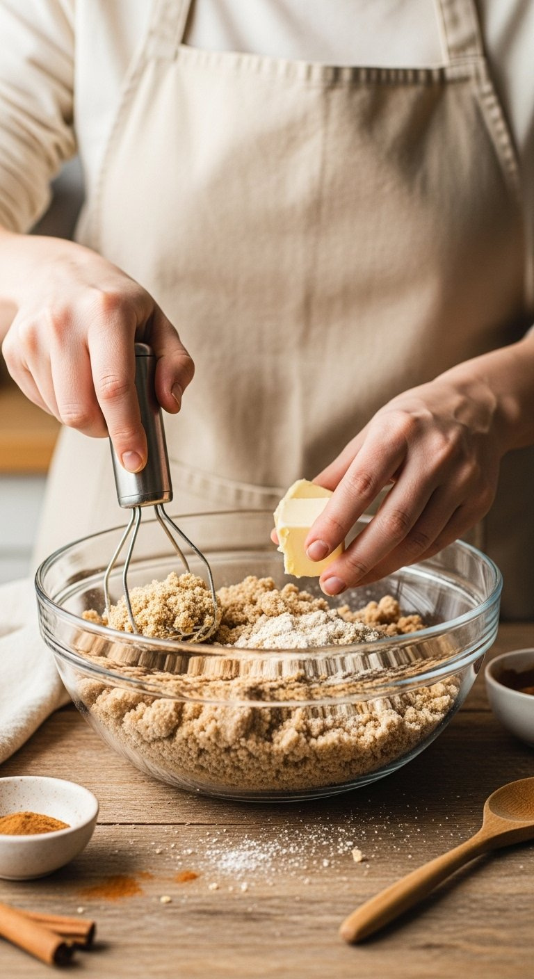Close-Up Hands Mixing Buttery Streusel Crumb Topping With Pastry Blender In Rustic Kitchen.