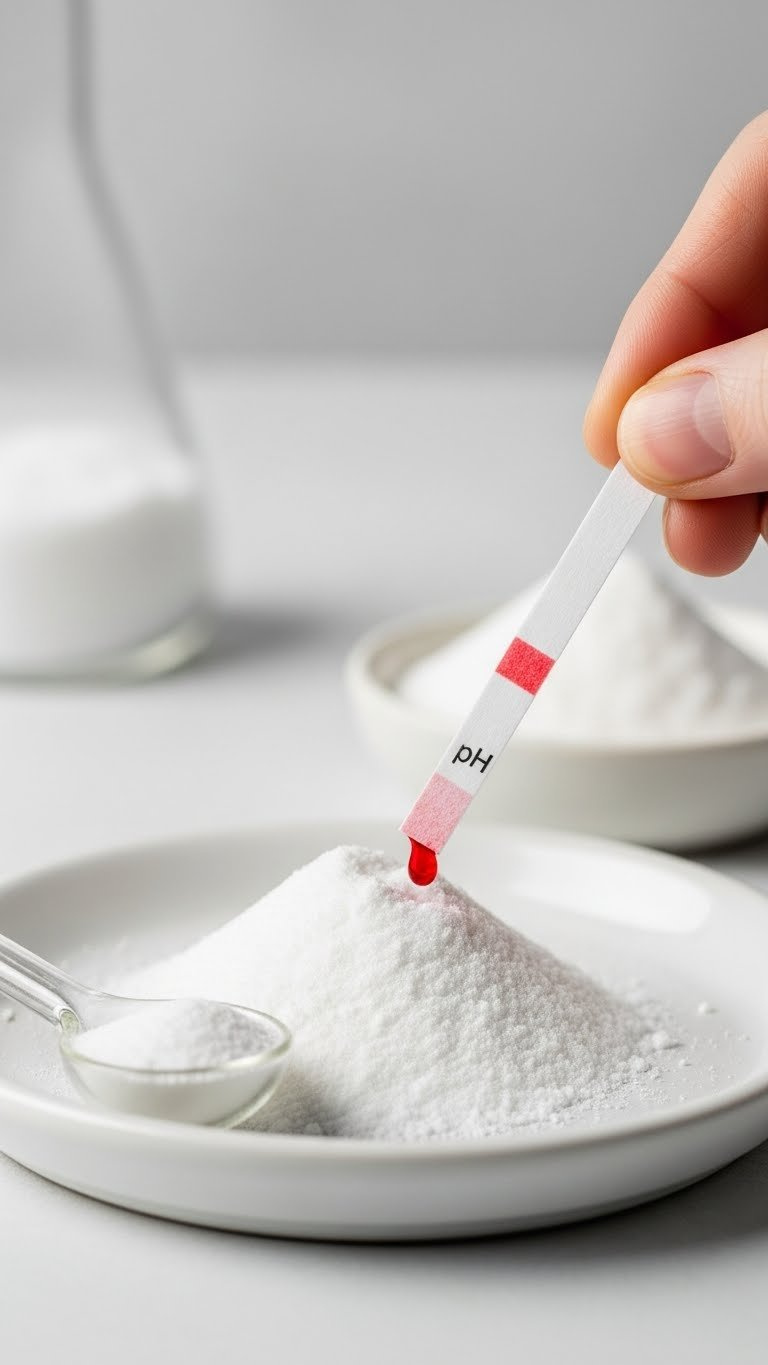 Close-Up Macro Photo Of Baking Soda Powder With Ph Test Strip Showing Blue Color Change Indicating Alkalinity On White Laboratory Surface