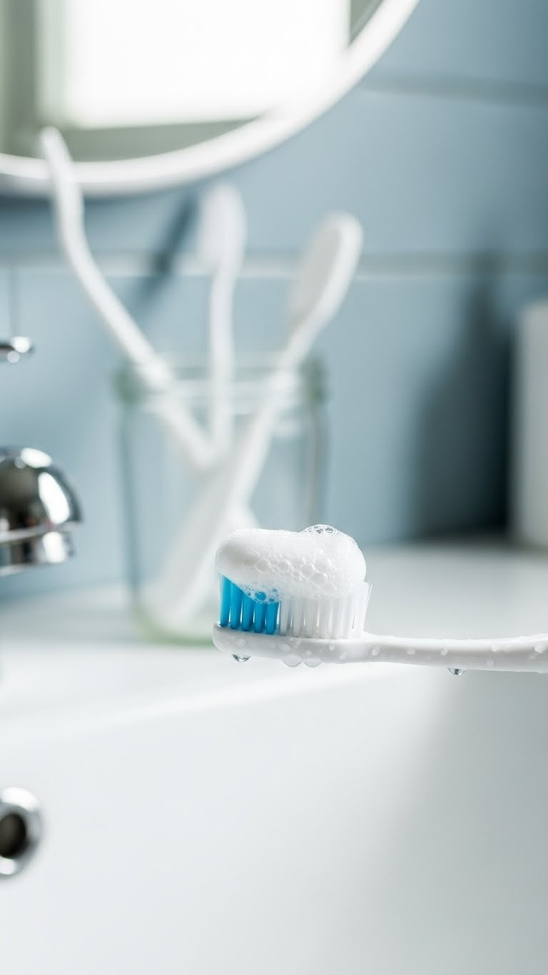 Close-Up Macro Shot Of Baking Soda Toothpaste Foam Being Applied To Toothbrush On White Ceramic Sink With Soft Bokeh Background
