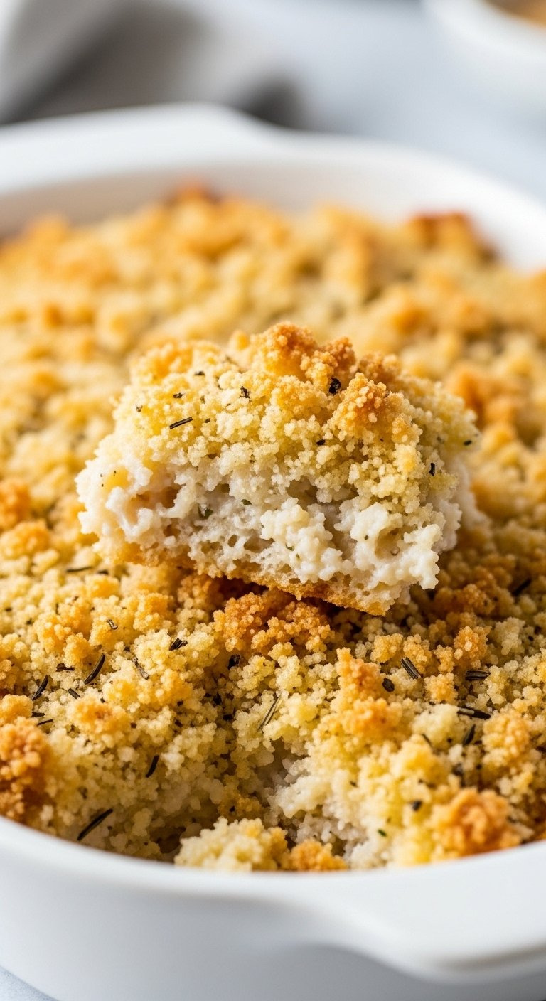 Close Up Macro Shot Of Crunchy Golden Brown Panko Parmesan Topping On A Casserole.