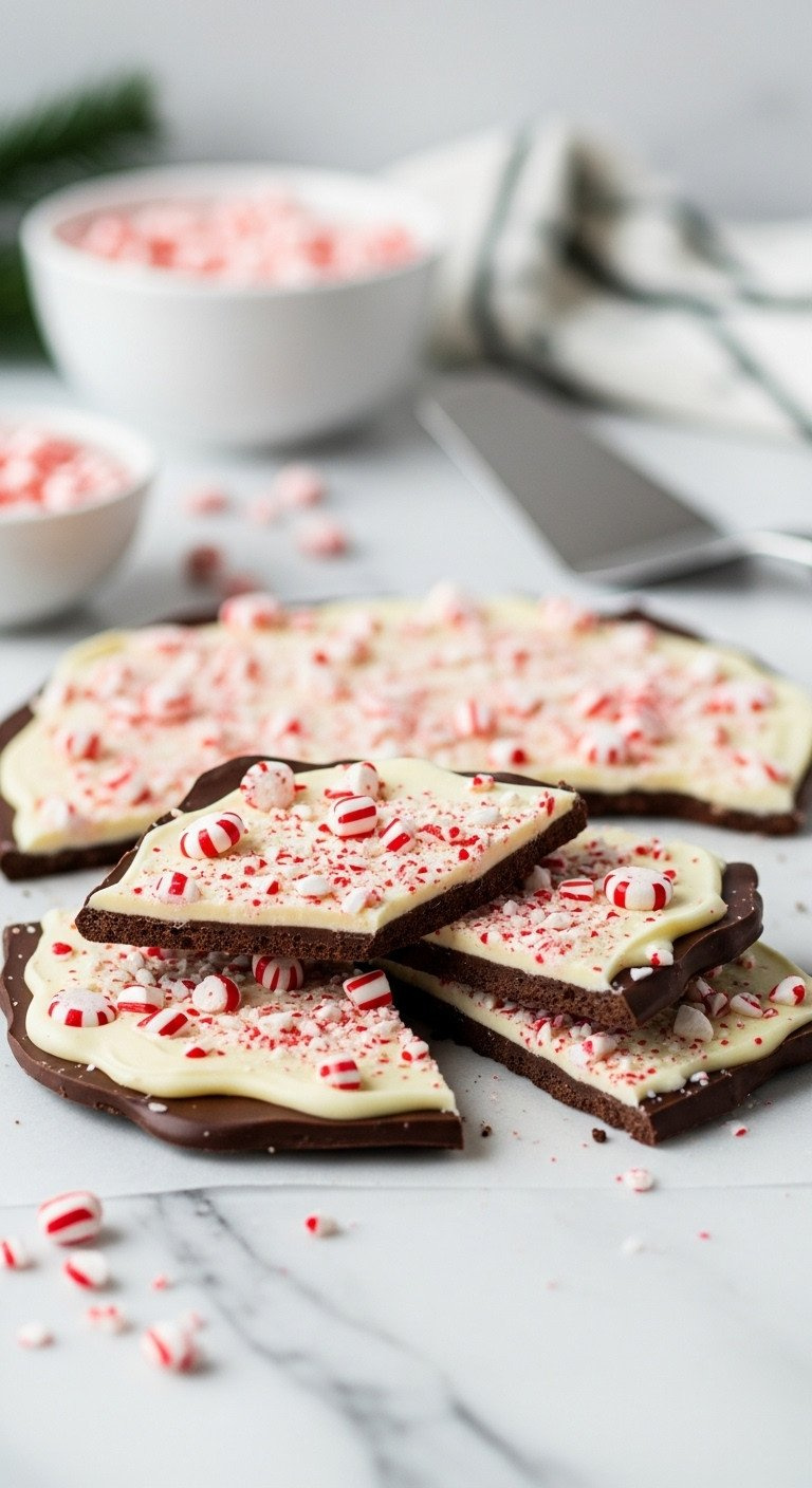 Close-Up Macro Shot Of Peppermint Bark With Dark And White Chocolate Layers Being Snapped In Half On A Marble Countertop.