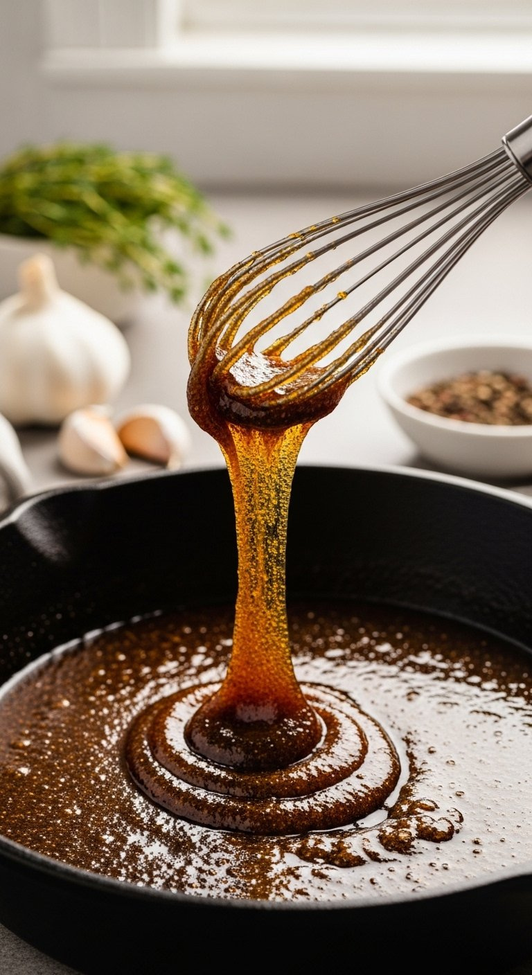 Close-Up Macro Shot Of Thick Brown Sugar Garlic Sauce Bubbling In A Black Cast-Iron Skillet With Fresh Thyme.