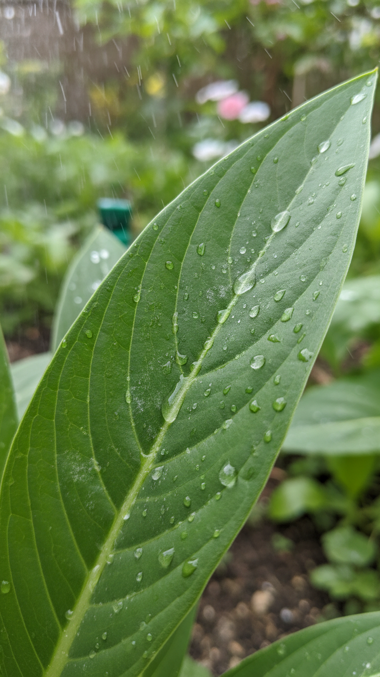 Close-Up Macro Shot Of Vibrant Green Plant Leaf With Baking Soda Spray Droplets And Subtle Powdery Mildew Signs In Garden Setting