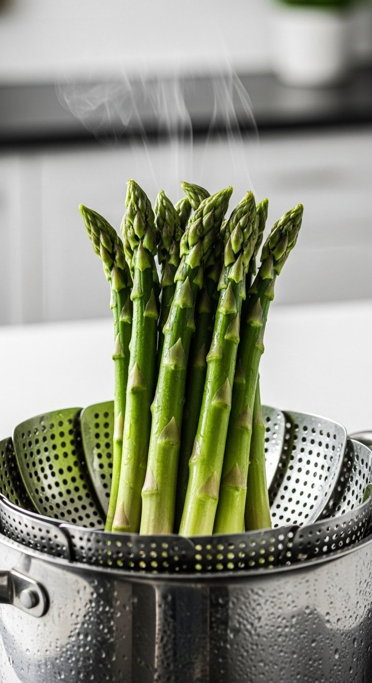 Close-Up Macro Shot Of Vibrant Green Steamed Asparagus Spears Resting In A Stainless Steel Steamer Basket With Steam.