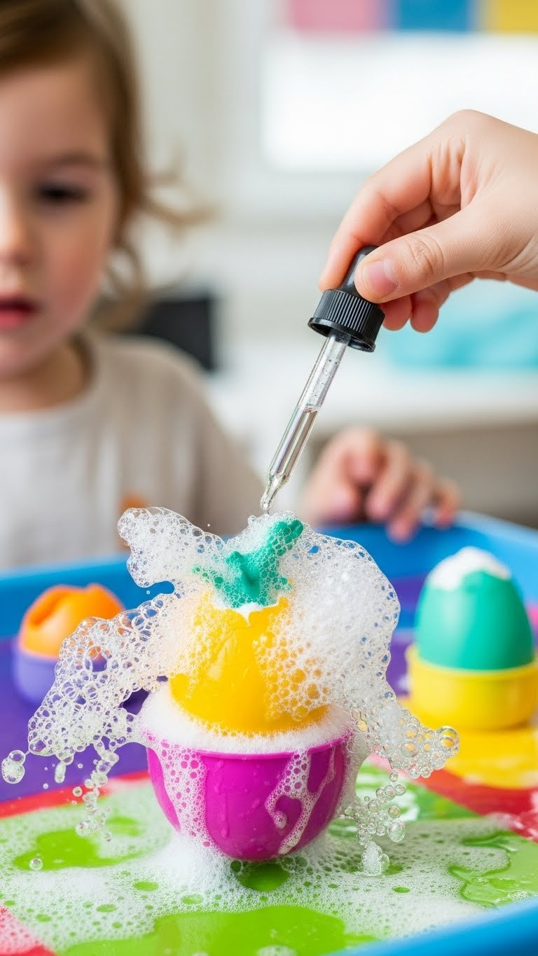 Close-Up Moment Of Baking Soda Dinosaur Egg Fizzing With Vinegar As Plastic Dinosaur Emerges From Dissolving Shell