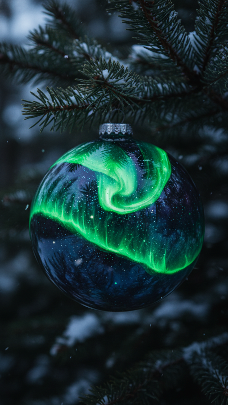 Close-Up Of Diy Aurora Borealis Ornament Hanging Among Pine Branches With Flowing Green, Teal, And Purple Swirls Mimicking Northern Lights.