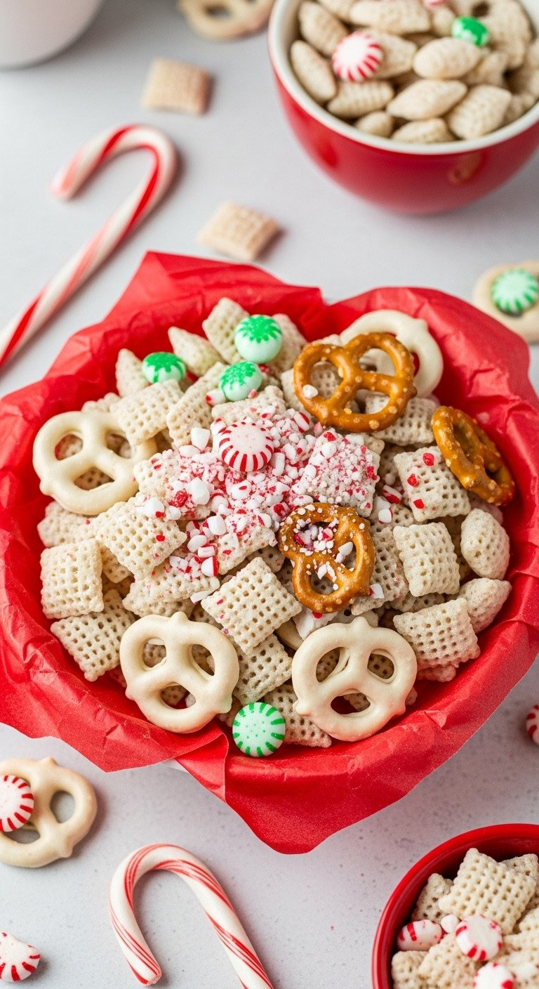 Close-Up Of Festive Peppermint Bark Chex Mix, White Chocolate, Pretzels, And Crushed Peppermint On Red Parchment Paper.