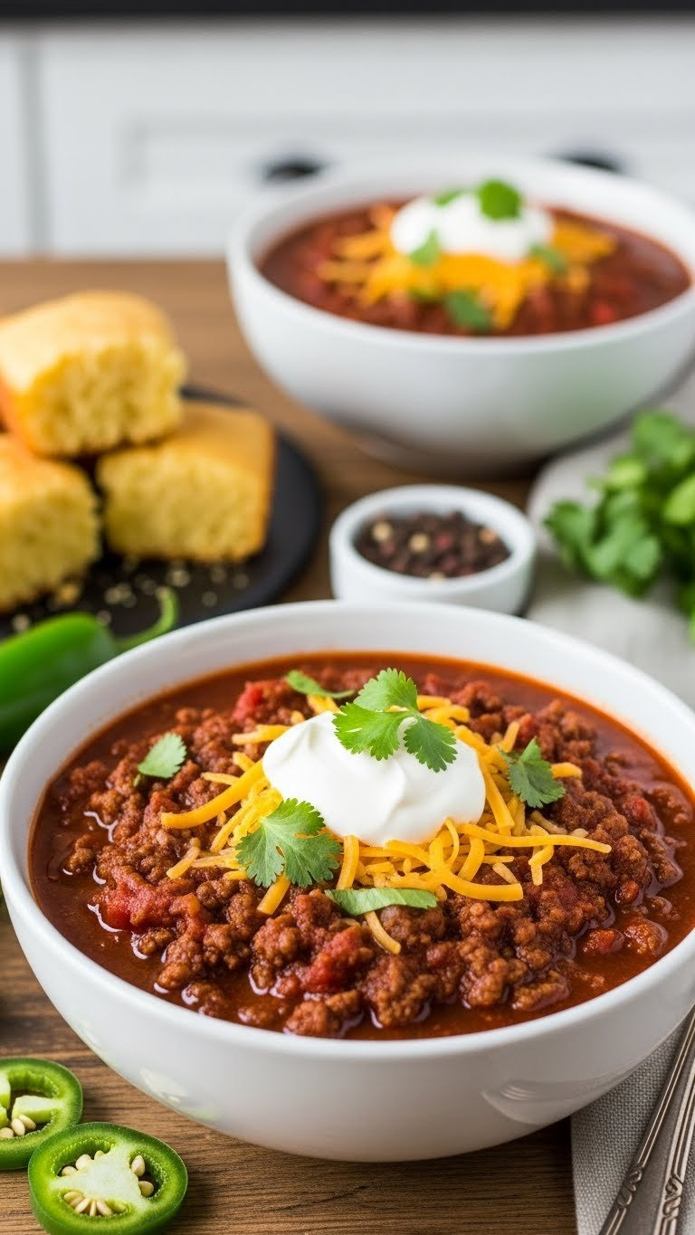Close-Up Of Instant Pot Ground Venison Chili With Cheddar Cheese, Sour Cream, Cilantro, And Jalapeños.