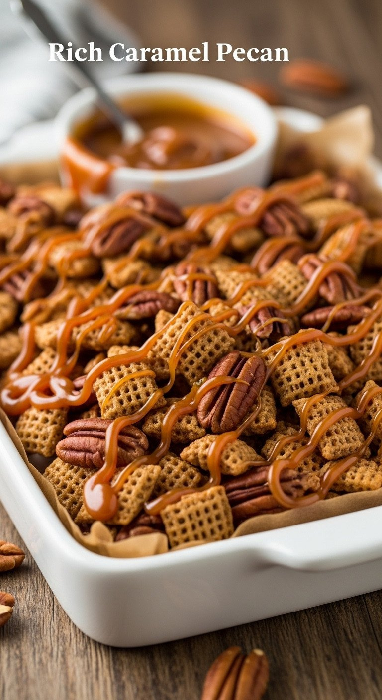 Close-Up Of Rich Caramel Pecan Holiday Chex Mix, Glossy Chex Cereal With Whole Pecans And Thick Caramel On A White Tray.