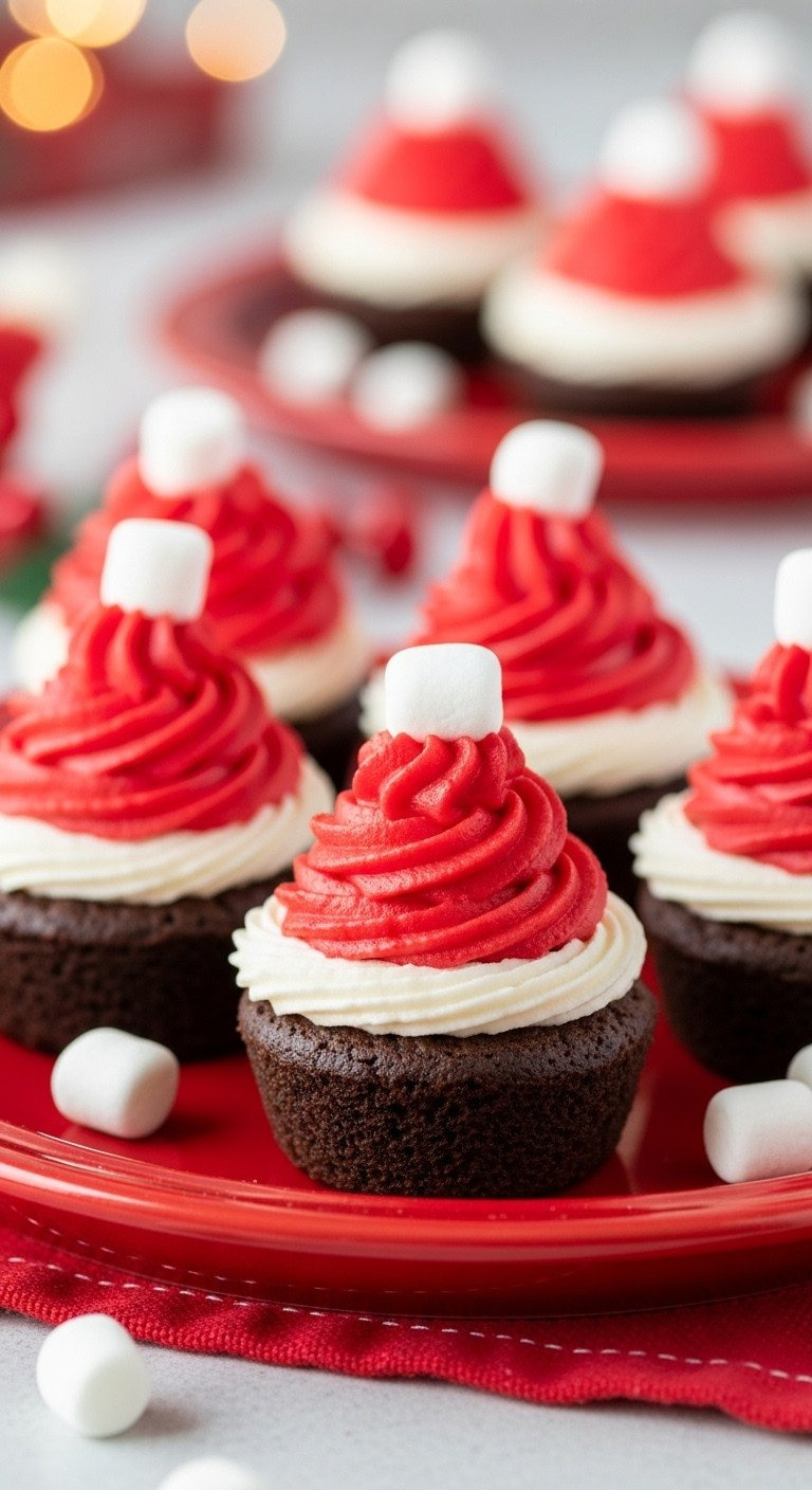 Close-Up Of Santa Hat Brownie Bites With Red Frosting And A Marshmallow Pom-Pom, Served On A Festive Red Plate.