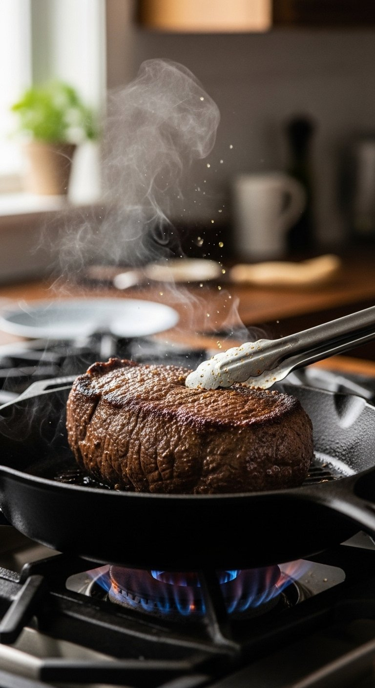 Close-Up Of A Beef Chuck Roast Searing In A Cast-Iron Skillet With Flames And Steam Rising.