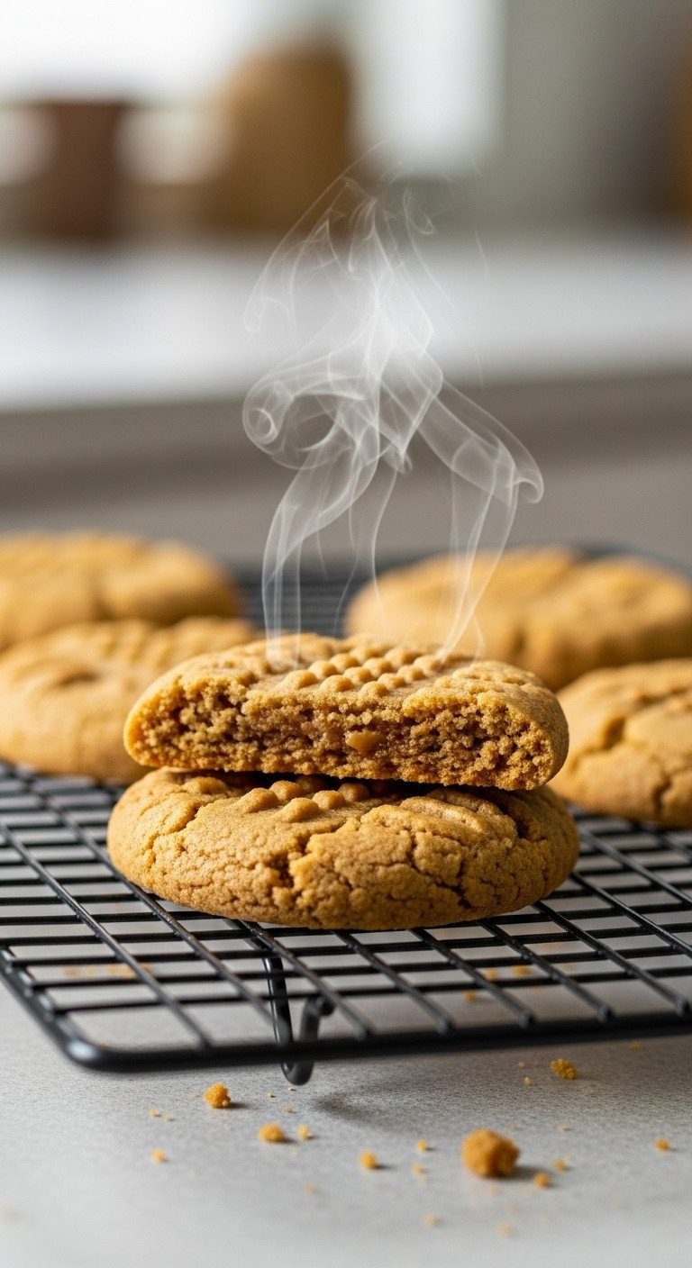 Close-Up Of A Chewy, Golden-Brown Peanut Butter Cookie Fresh From The Oven, Cooling On A Black Metal Wire Rack.
