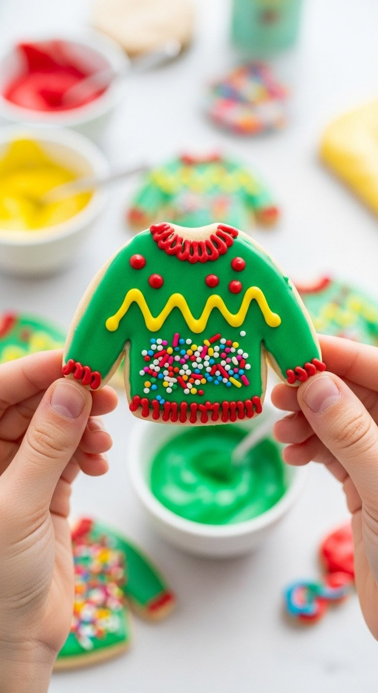 Close-Up Of A Child's Hands Holding A Funny Ugly Sweater Cookie With Green Icing And Mismatched Colorful Sprinkles.