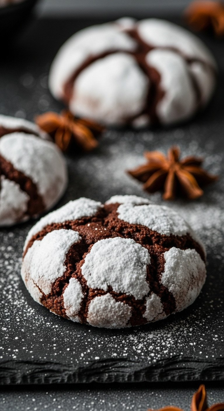 Close-Up Of A Chocolate Crinkle Cookie With Dark Interior, Cracked White Powdered Sugar Coating On A Dark Stone Surface. Holiday Recipe.