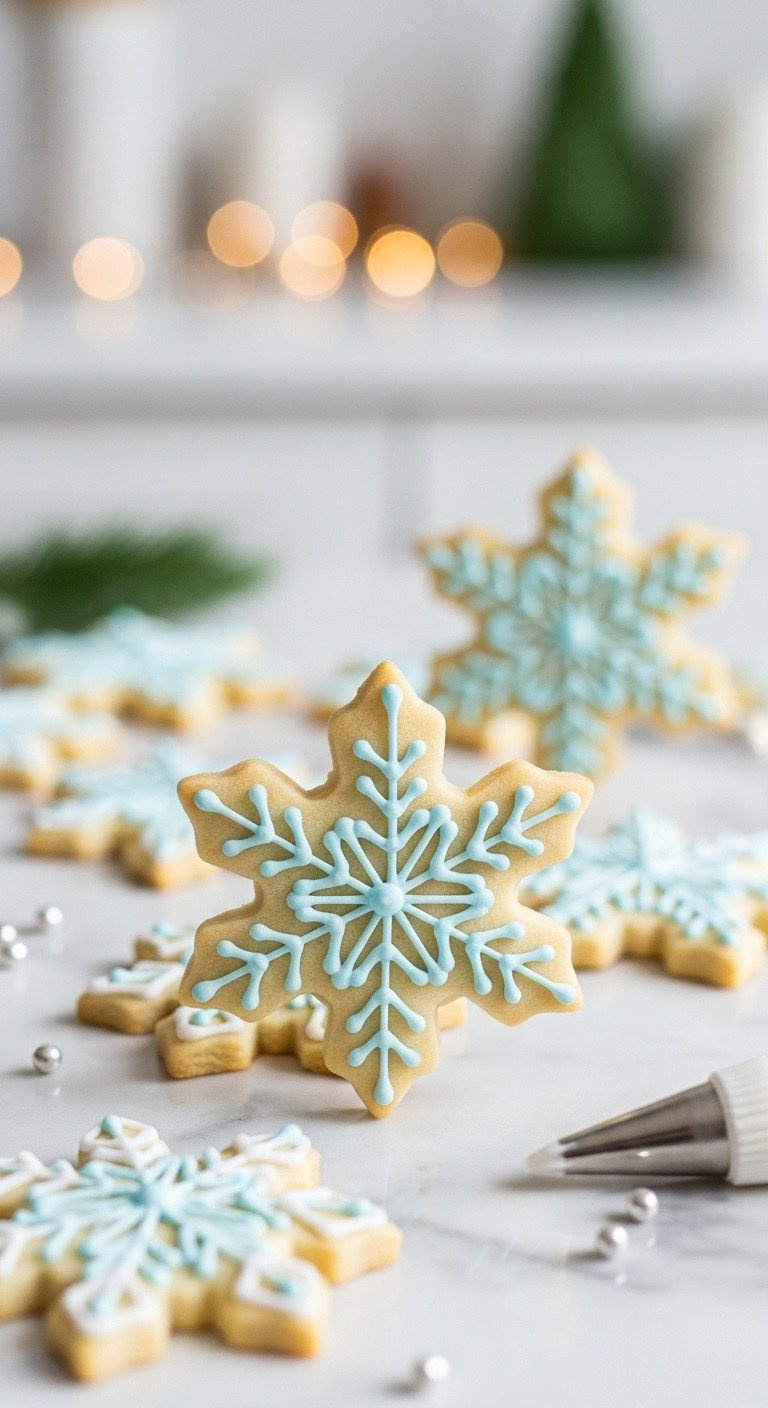Close-Up Of A Festive Vegan Snowflake Sugar Cookie With Intricate White And Blue Royal Icing On A White Marble Surface.