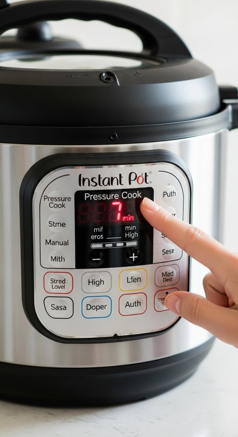 Close-Up Of A Finger Pressing The 'Pressure Cook' Button On An Instant Pot, With The Display Set To 7 Minutes On High.