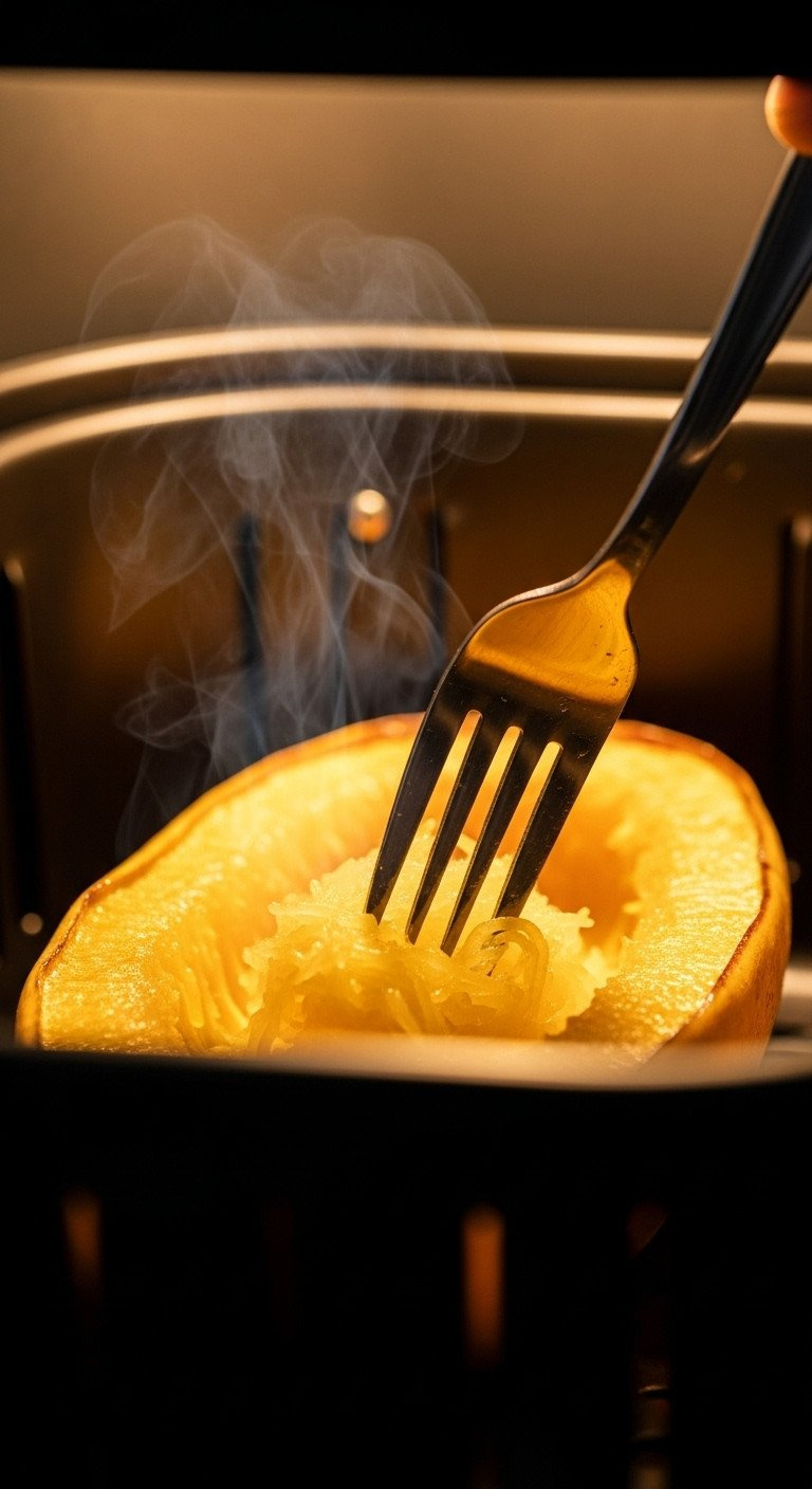 Close-Up Of A Fork Testing The Doneness Of A Perfectly Cooked, Golden-Brown Spaghetti Squash In An Air Fryer.
