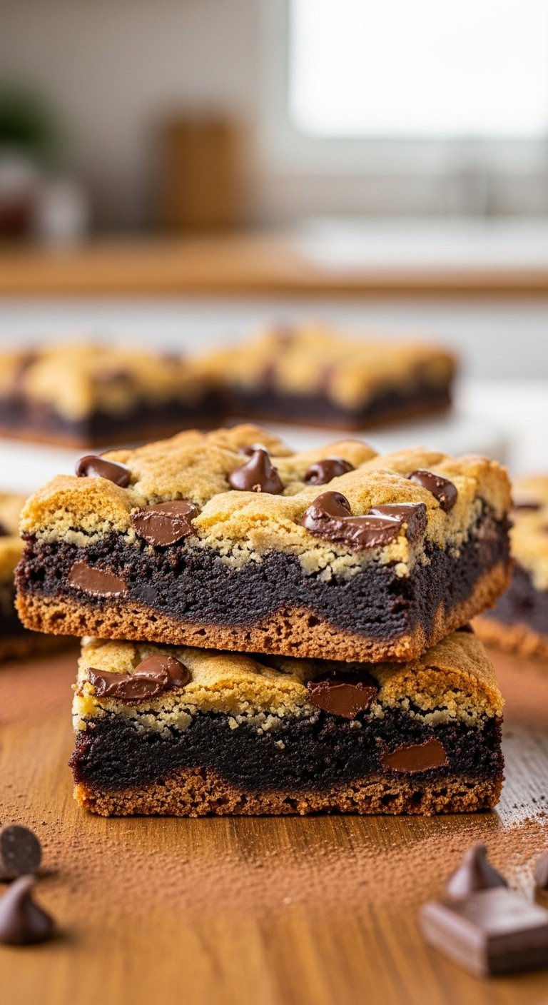 Close-Up Of A Fudgy Brownie And Golden Cookie Brookie Bar Studded With Melted Chocolate Chips On A Rustic Wooden Table.
