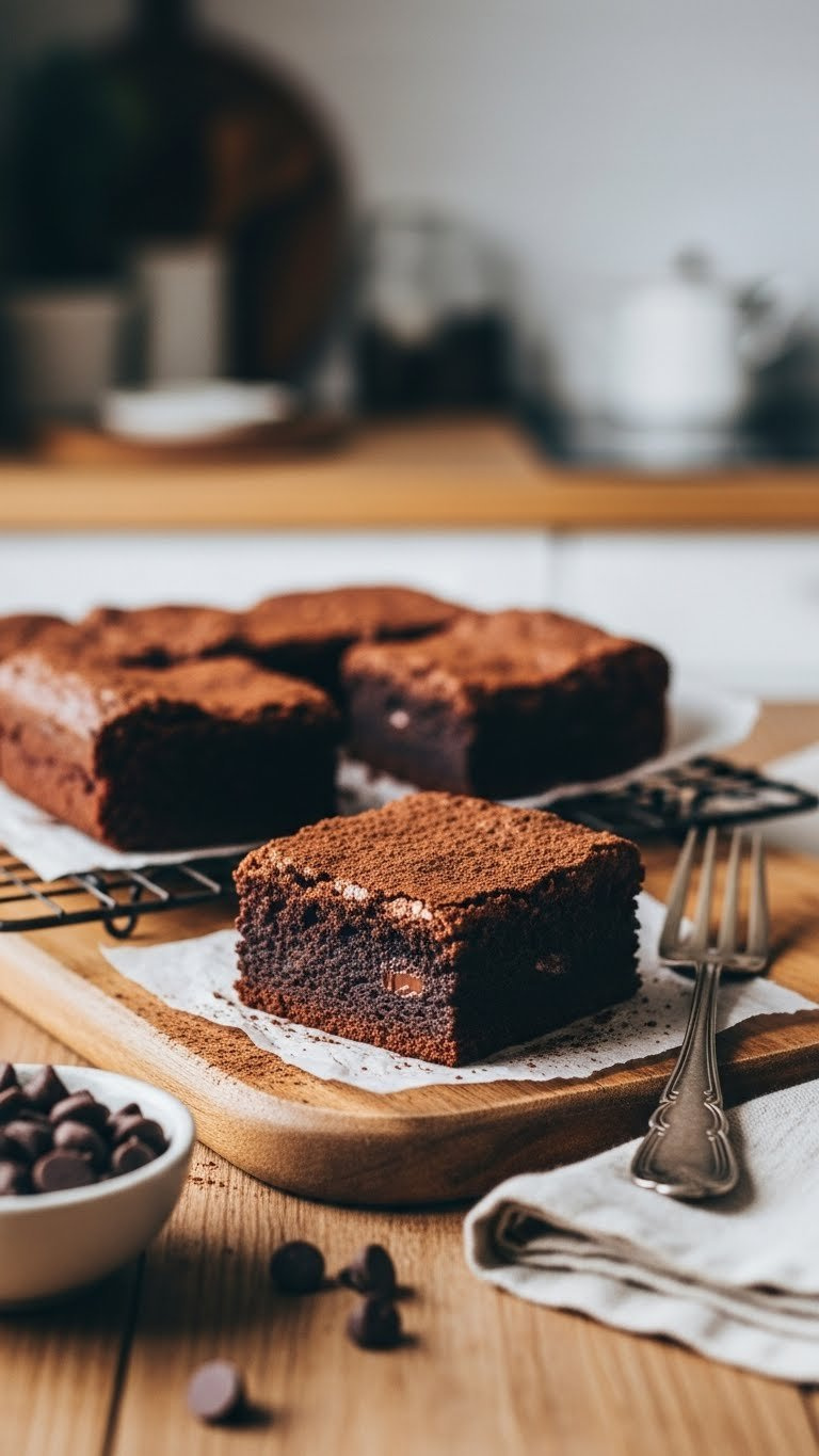 Close-Up Of A Fudgy Dark Chocolate Brownie Square With Cracked Top And Chocolate Chips On Rustic Wooden Board With Soft Bokeh Background
