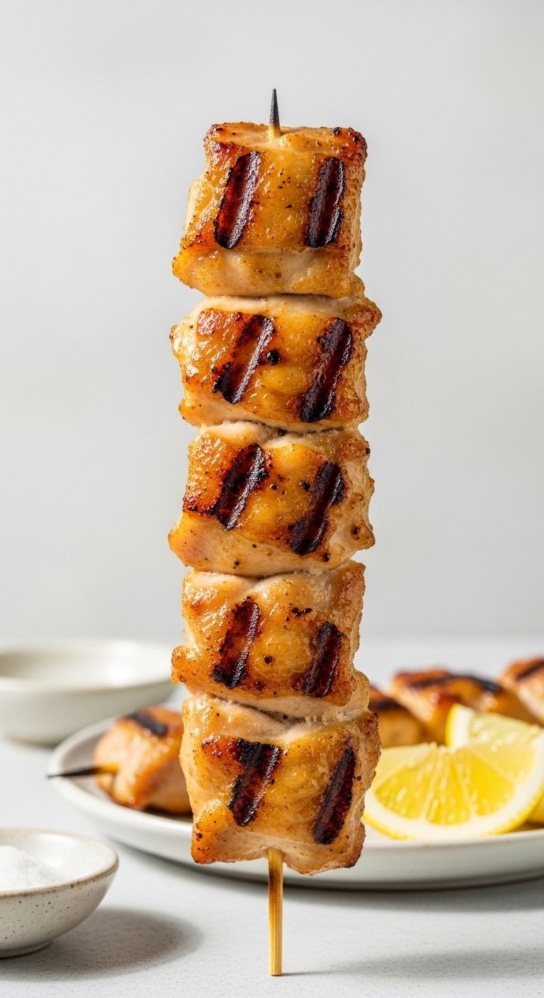 Close-Up Of A Golden-Brown Momo Yakitori Skewer With Juicy Grilled Chicken Thigh Pieces And Fresh Lemon Wedge.