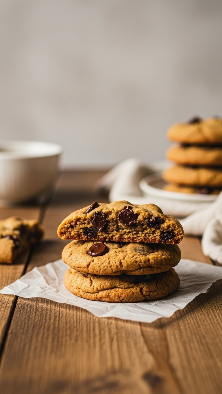 Close-Up Of A Golden-Brown Vegan Chocolate Chip Cookie With Melted Chips On Parchment Paper, Rustic Wooden Table, Soft Golden Hour Light. Cozy Dessert.