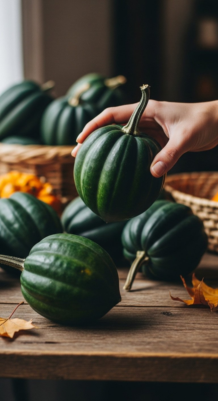 Close-Up Of A Hand Inspecting A Fresh, Dark Green Acorn Squash At A Rustic Farmers Market Stall With A Warm, Autumnal Feel.
