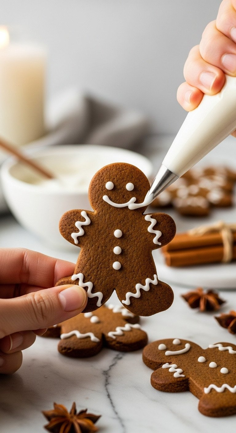 Close-Up Of A Hand Piping A White Icing Smile Onto A Dark Gingerbread Man Cookie For A Festive Holiday Baking Recipe.
