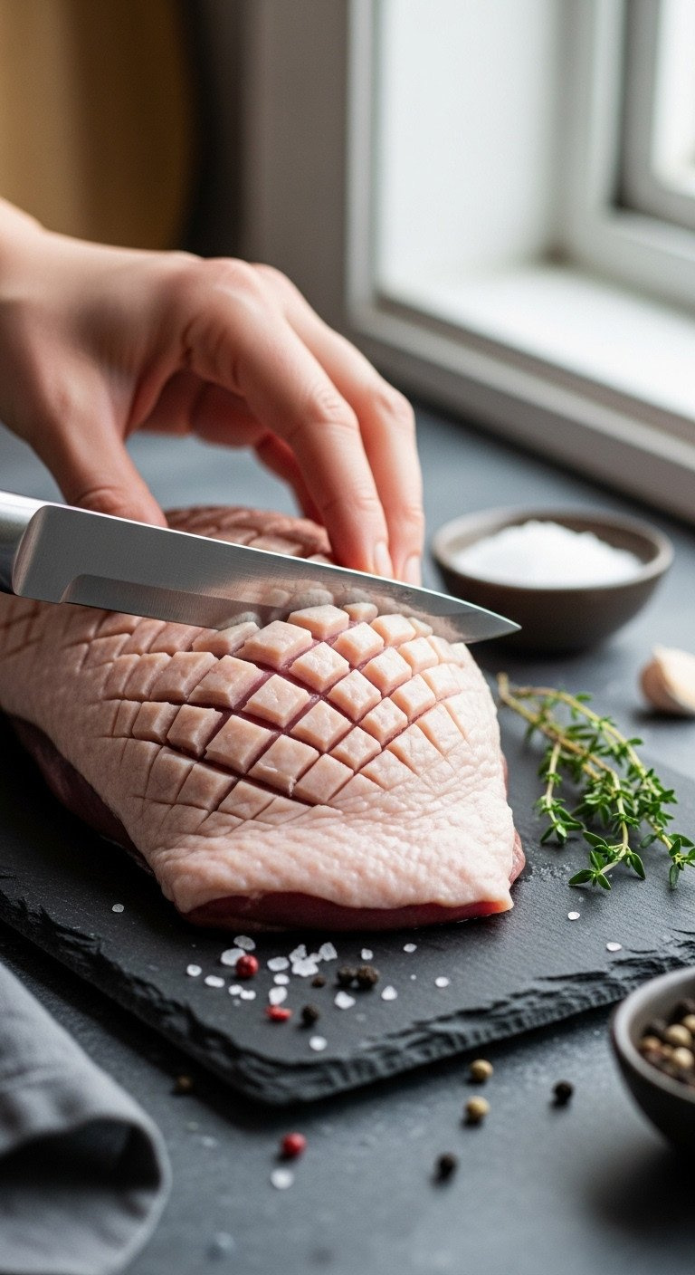 Close-Up Of A Hand Scoring A Raw Pekin Duck Breast On A Slate Board, Creating A Perfect Diamond Pattern On The Skin.
