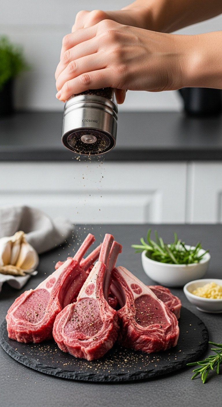 Close-Up Of A Hand Seasoning Raw Lamb Chops On A Dark Slate Surface With Salt, Pepper, Garlic, And Fresh Rosemary.