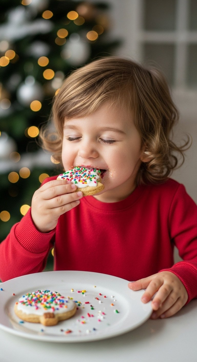 Close-Up Of A Joyful Child Eating A Christmas Cookie, With Colorful Sprinkle Crumbs Around Their Mouth And Eyes Closed.
