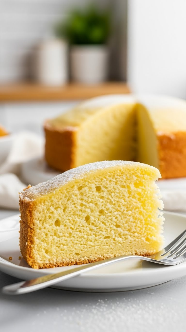 Close-Up Of A Light Yellow Cake Slice With Airy Crumb, Dusted Powdered Sugar, On White Plate With Elegant Fork, Natural Light, Blurred Kitchen.