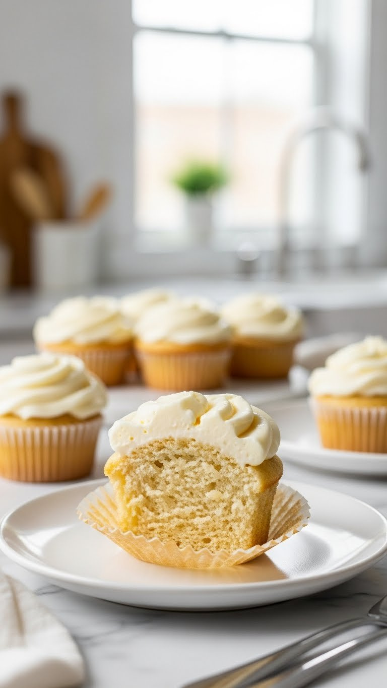 Close-Up Of A Moist, Tender Vanilla Cupcake Segment On A Minimalist Plate, Showcasing Rich Crumb. Baked With Mayonnaise For Superior Moisture.